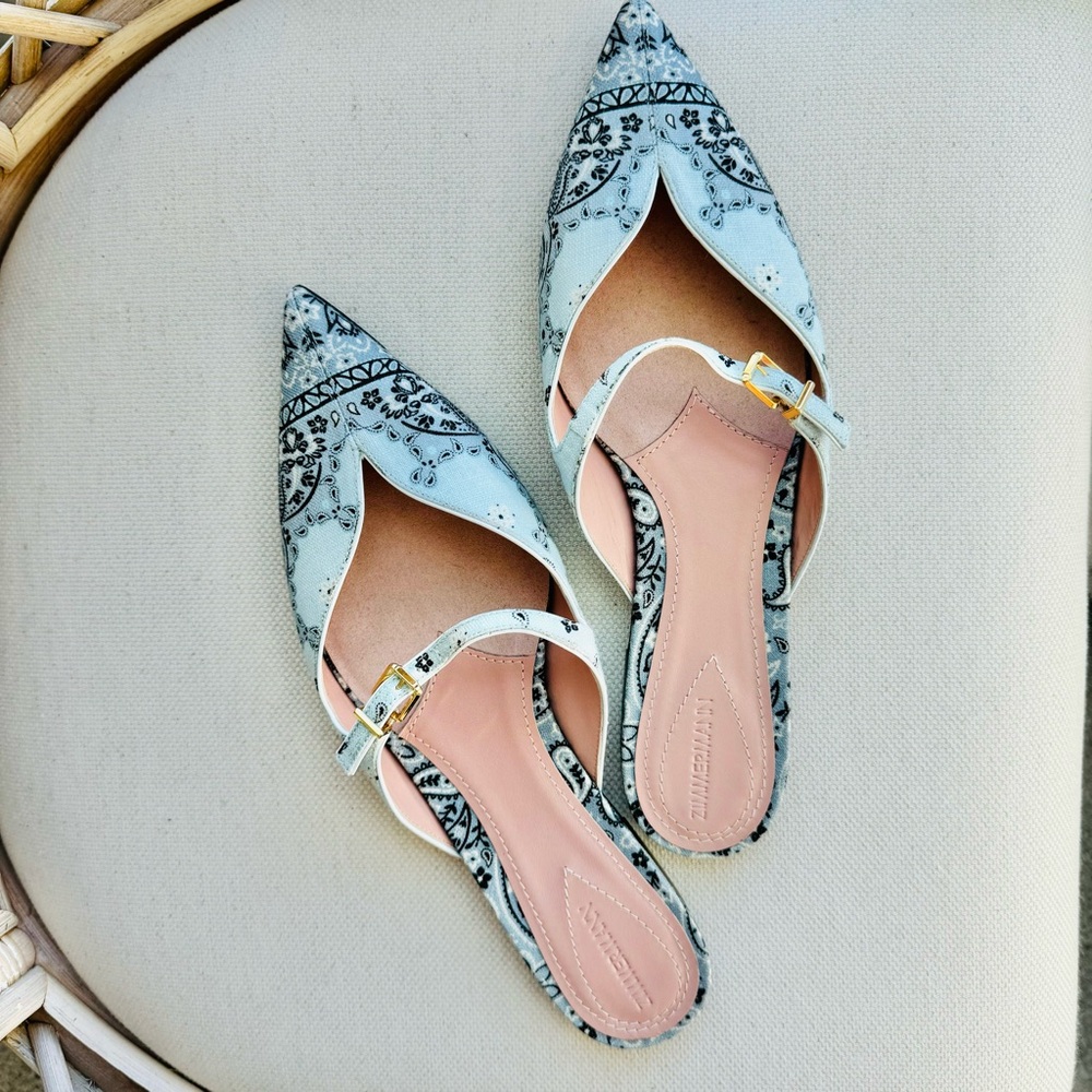 NEW $875 Zimmerman Aura Linen Leather Blue Paisley-Print Pointed Toe Mules 8.5 - Picture 16 of 16